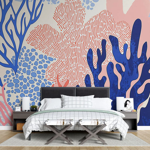 Coral mural wallpaper featuring colorful stylized coral patterns in blue and pink for ocean-themed bathroom decoration
