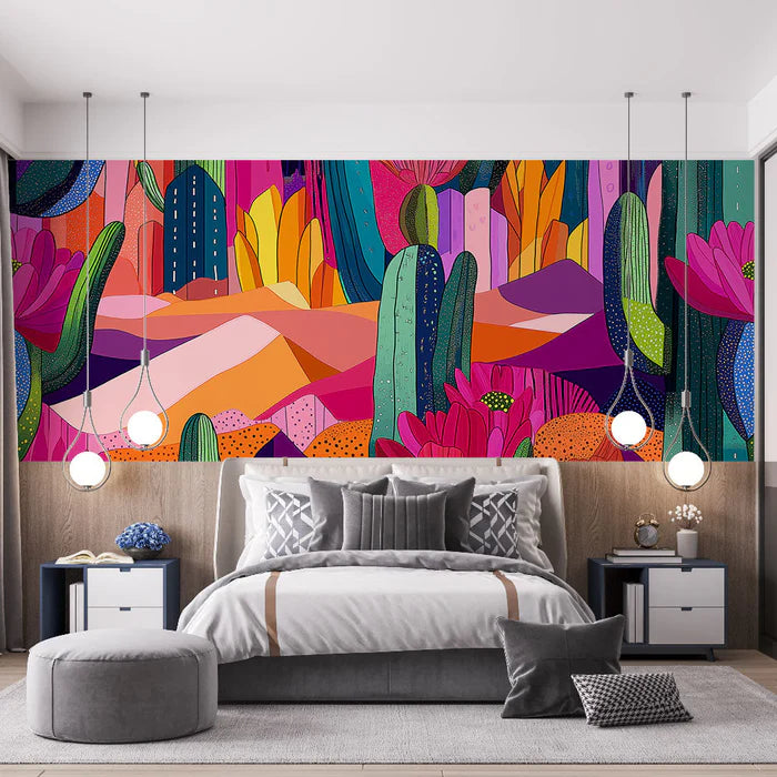 Mural Wallpaper colorful cactus | Vibrant and artistic desert pattern