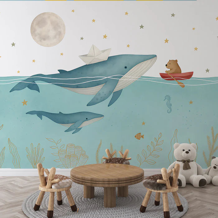 Mural Wallpaper marine animals | Whales and bear cubs kayaking under the moon