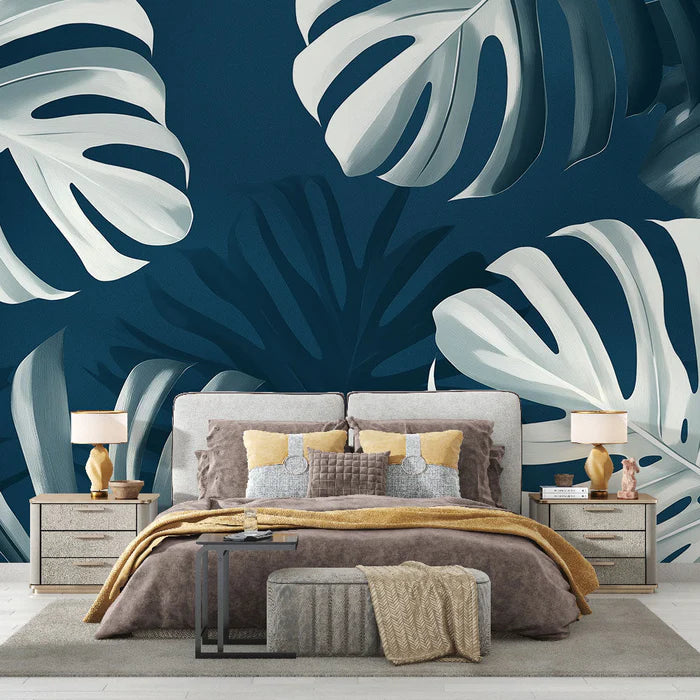Mural Wallpaper duck blue monstera leaves | A tropical and sophisticated design