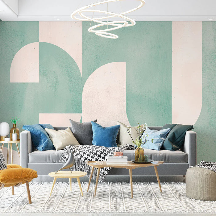 Mural Wallpaper art déco | Green and beige with circular shapes