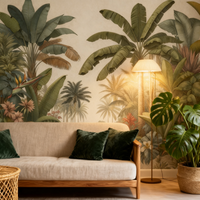 Tropical Jungle Mural Wallpaper | Beige Background with Palm Trees and Banana Trees