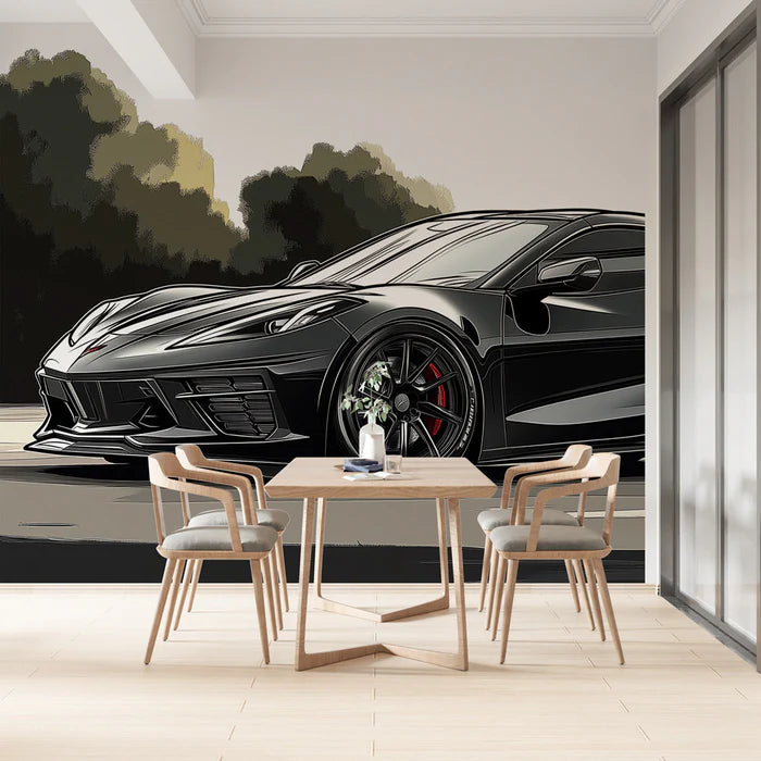 Mural Wallpaper black sports car | Corvette with aerodynamic design