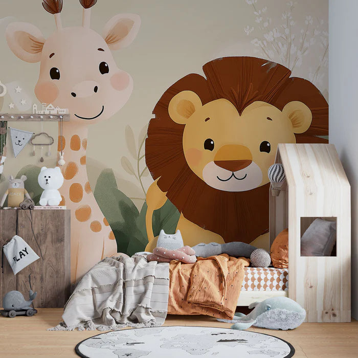 Mural Wallpaper cute animals | Stylized giraffe and lion in the middle of the jungle