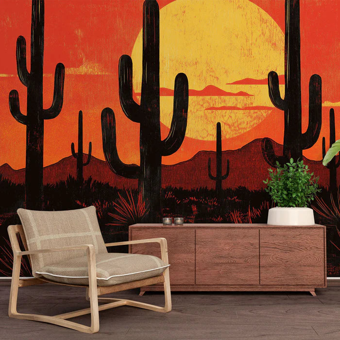 Mural Wallpaper desert | Desert landscape at sunset with cactus