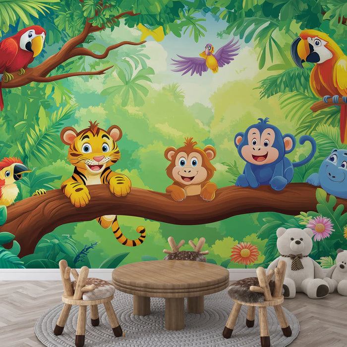 Jungle Mural Wallpaper - Colorful animals including tigers, monkeys and parrots in tropical setting