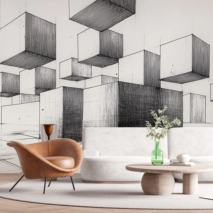 Mural Wallpaper cubes 3D | Monochrome perspective geometric design