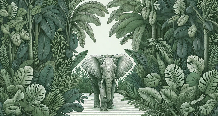 Green Jungle Mural Wallpaper | Elephant in the midst of foliage