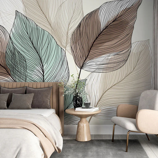 Linear leaves mural wallpaper featuring delicate botanical pattern with soft green leaves and refined lines for minimalist bedroom decor

