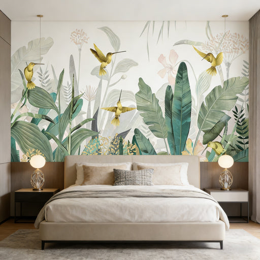 Watercolor tropical jungle mural wallpaper featuring golden hummingbirds hovering among lush botanical foliage with palm leaves and ferns in soft green tones
