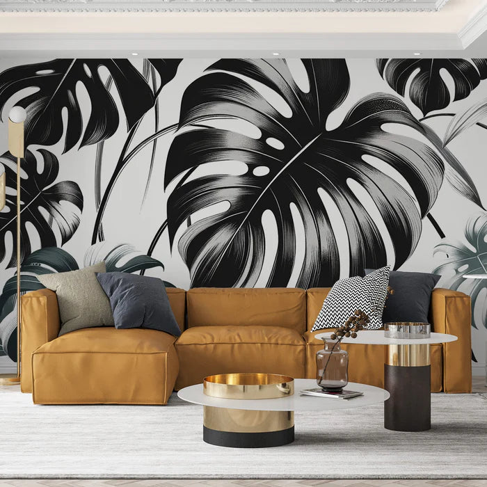 Black and White Foliage Mural Wallpaper | Black Monstera Leaves on Light Background