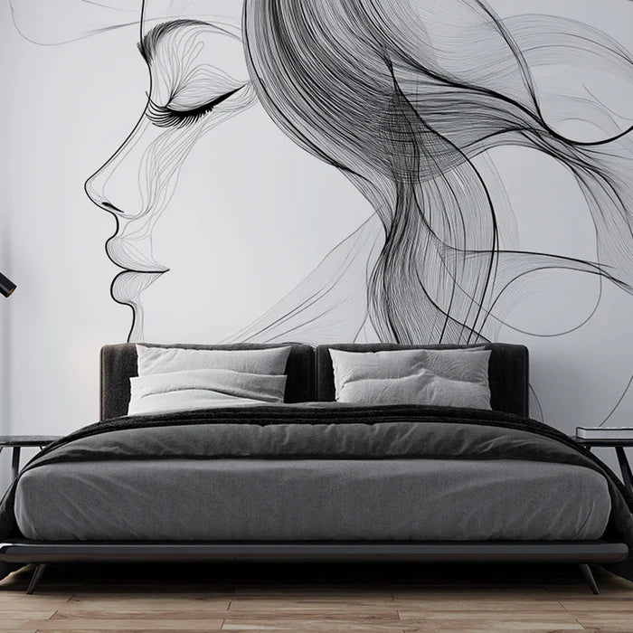 Mural Wallpaper feminine contour | Elegant silhouette of face in fluid lines