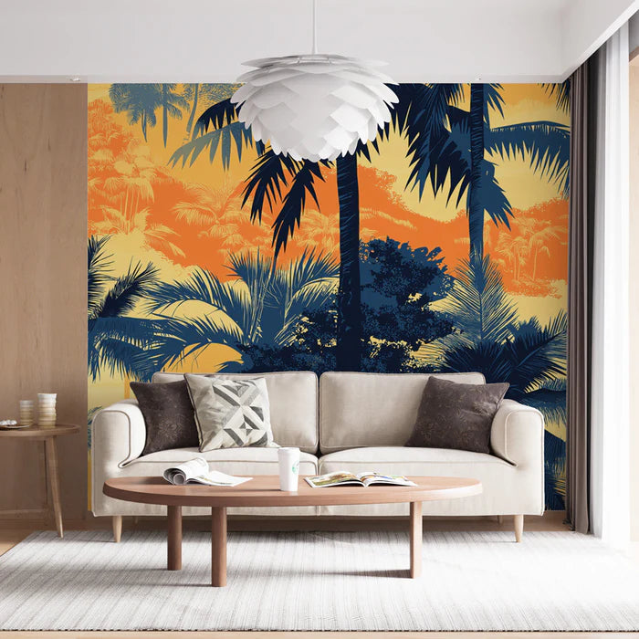 Mural Wallpaper | Blue palms on a warm background