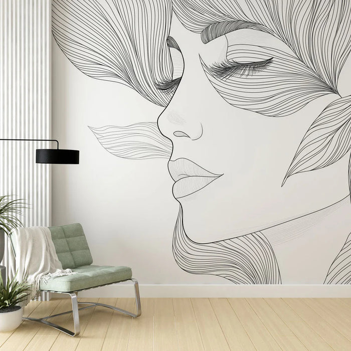 Mural Wallpaper face-and-leaves | Elegant linear design of a female face