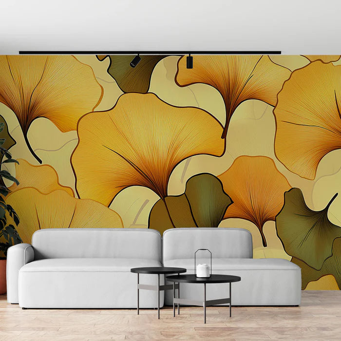 Mural Wallpaper gingko | Pattern of golden and green leaves