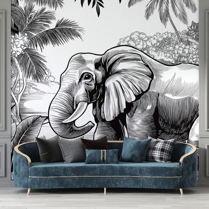 Mural Wallpaper elephant | Elegant elephant in a lush black and white jungle