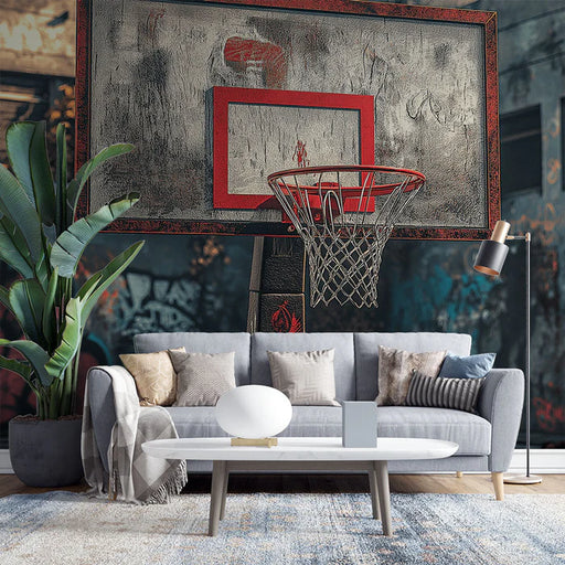 Basketball hoop graffiti mural wallpaper featuring vintage urban style for teen room decoration
