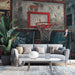 Basketball hoop graffiti mural wallpaper featuring vintage urban style for teen room decoration
