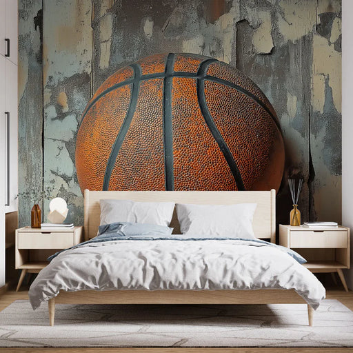 Basketball vintage mural wallpaper featuring design on a textured wall for teen room decoration
