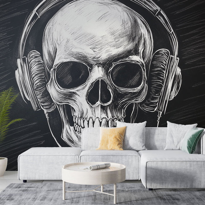 Mural Wallpaper skull-head | Artistic illustration of a stylized skull wearing headphones