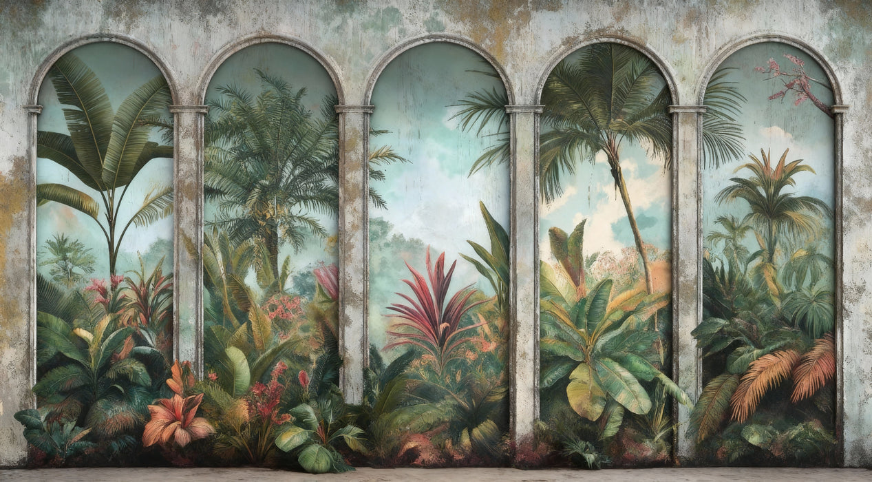 Mural Wallpaper tropical jungle | Elegant arches surrounding lush tropical vegetation