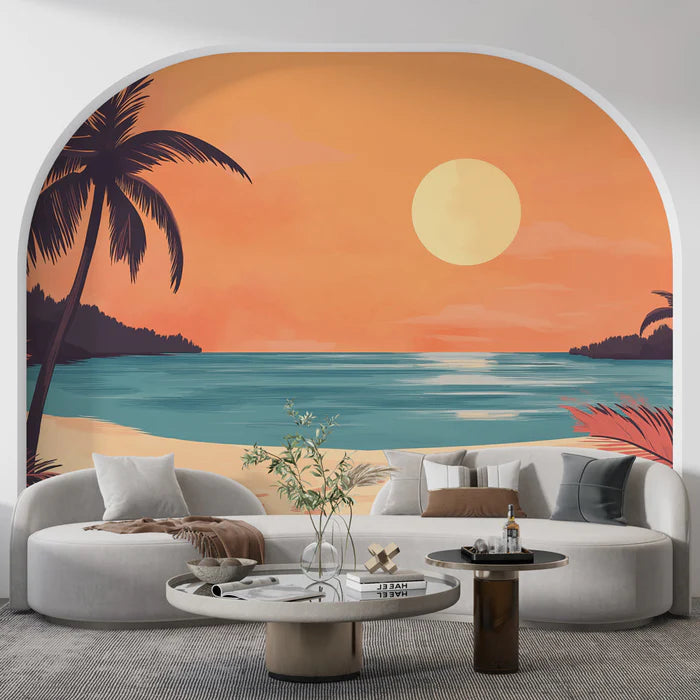 Tropical beach mural wallpaper featuring peaceful sunset over the sea with palm trees in warm orange and pink tones
