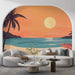 Tropical beach mural wallpaper featuring peaceful sunset over the sea with palm trees in warm orange and pink tones
