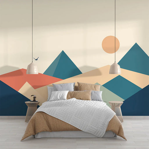 Geometric mountain wallpaper featuring abstract peaks and sun in blue and beige tones for modern Scandinavian living room decor
