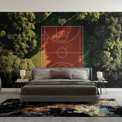 Basketball court mural wallpaper featuring outdoor court surrounded by nature for teen room decoration
