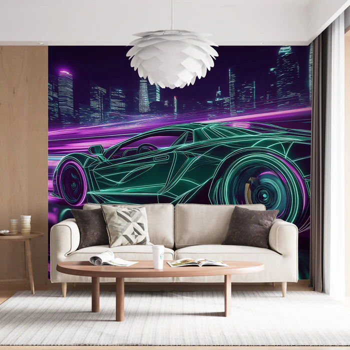 Mural Wallpaper futuristic car | Stylized car with vibrant neons in a nocturnal city