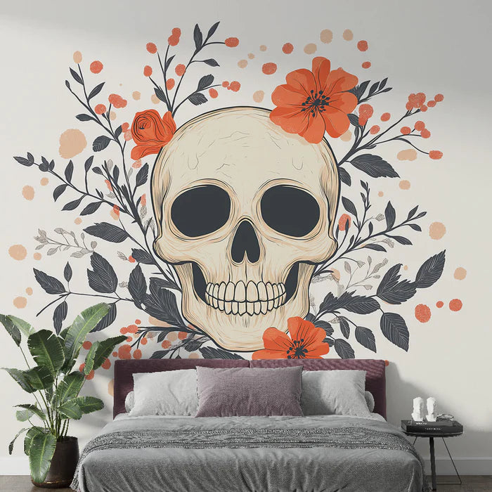 Elegant Skull Mural Wallpaper | Minimalism and Flowers