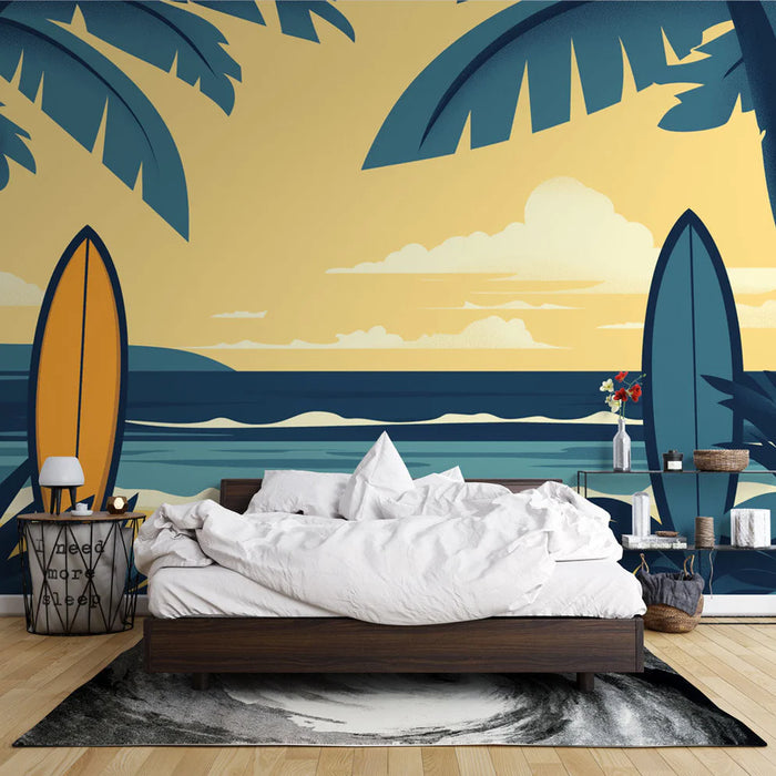 Mural Wallpaper beach | Surf and palm trees in tropical silhouette