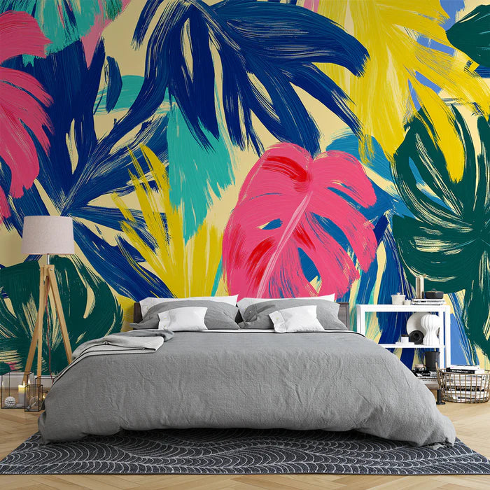 Mural Wallpaper jungle and flowers | Oil painting monstera leaves