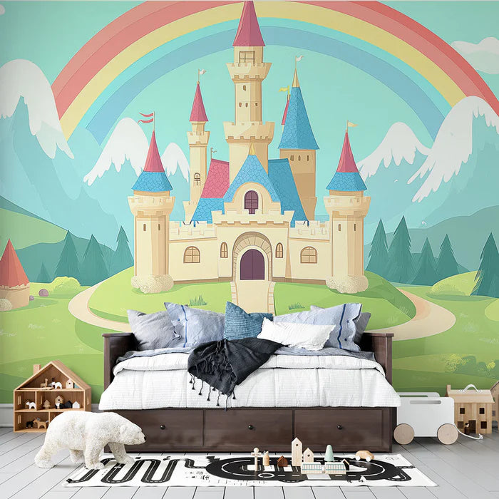 Mural Wallpaper fairy tale castle | An enchanting landscape with a colorful castle and a rainbow