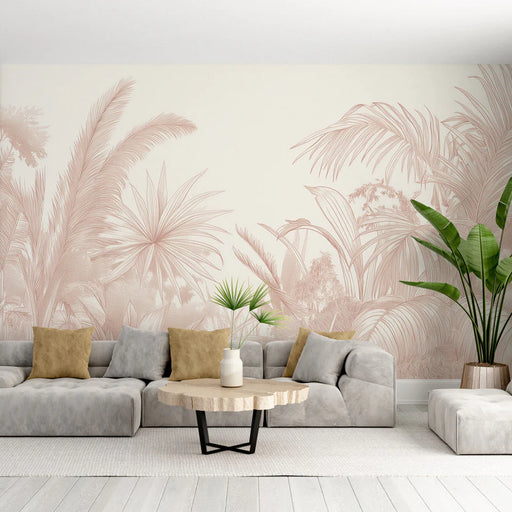 Tropical forest mural wallpaper in monochrome beige featuring lush botanical foliage for bohemian bedroom decoration
