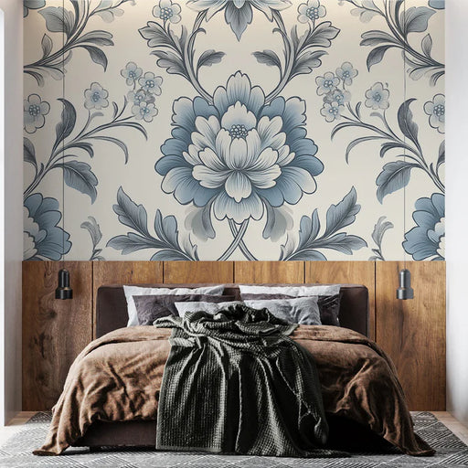 Shabby chic mural wallpaper featuring large blue flowers on cream background with vintage romantic style for bedroom decor

