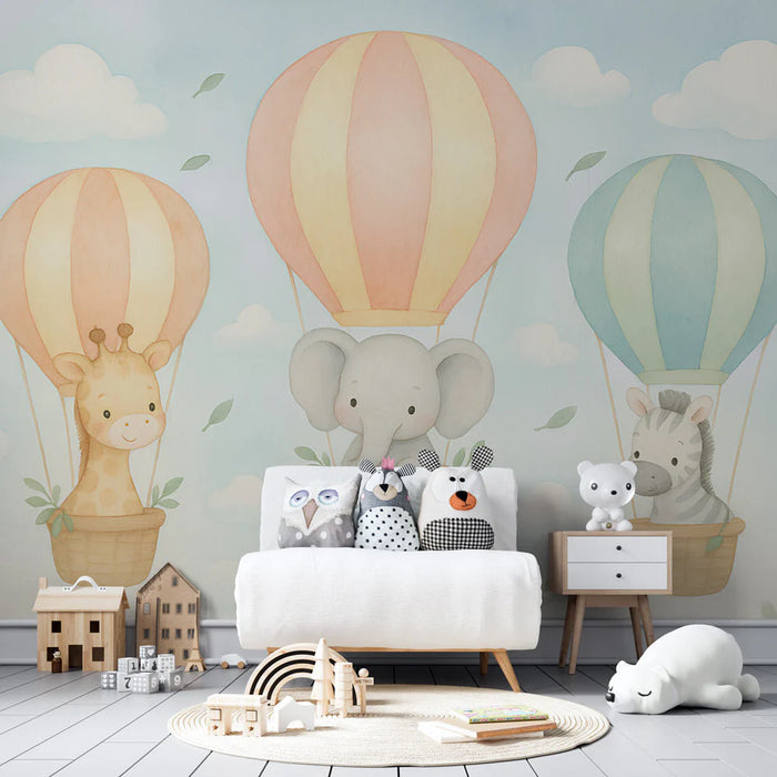 Mural Wallpaper animals in hot air balloon | Adorable colorful animals flying in the sky