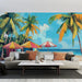 Sunny beach mural wallpaper featuring vibrant palm trees and colorful beach huts on sandy shore with tropical vacation atmosphere
