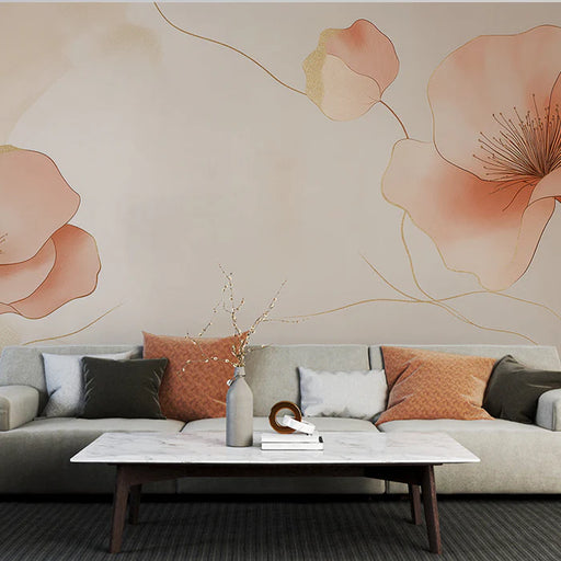 Abstract flowers mural wallpaper featuring large pink blooms with delicate sketched lines and gold accents on soft neutral background
