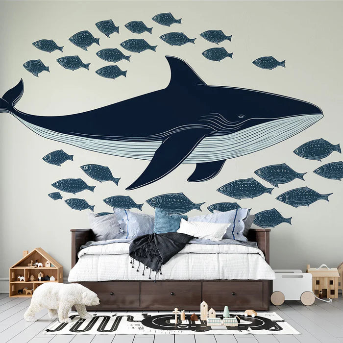 Mural Wallpaper whale | Illustration of a whale swimming among stylized fish