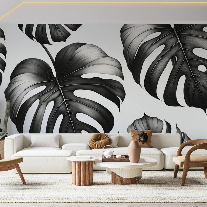 Black and White Foliage Mural Wallpaper | Large Black Monstera Leaves Design