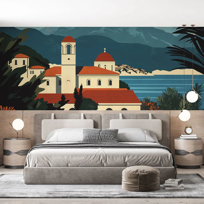 Mural Wallpaper Santorini | Church by the sea and mountains in the background