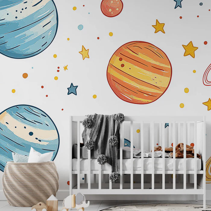 Mural Wallpaper space | Colorful drawings of planets and stars