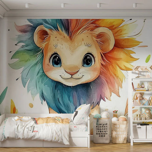 Rainbow lion cub mural wallpaper featuring an adorable colorful lion surrounded by vibrant floral patterns for nursery decoration
