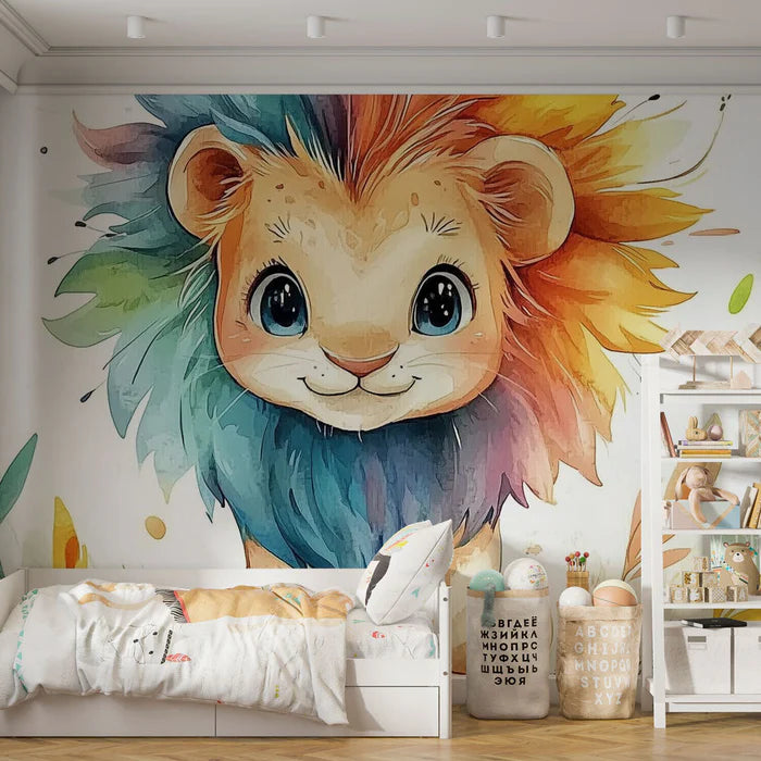 Rainbow lion cub mural wallpaper featuring an adorable colorful lion surrounded by vibrant floral patterns for nursery decoration
