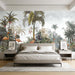Close-up detail of flamingo and tropical palm trees mural wallpaper for living room
