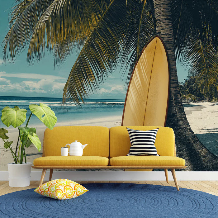 Mural Wallpaper beach | Tropical ambiance with palm trees and surfboard
