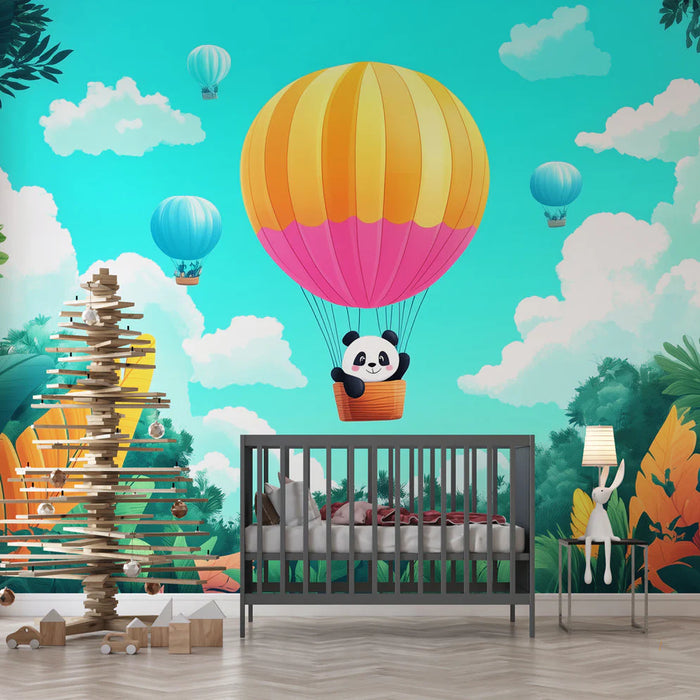 Mural Wallpaper panda hot air balloon | Adventure in the skies