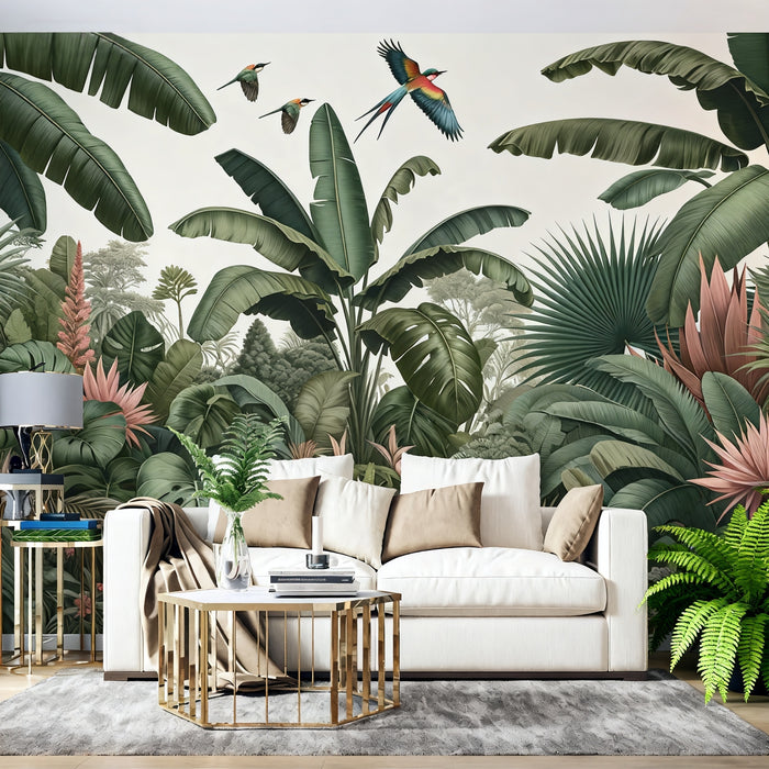 Tropical Jungle Mural Wallpaper | Green Banana Trees and Birds