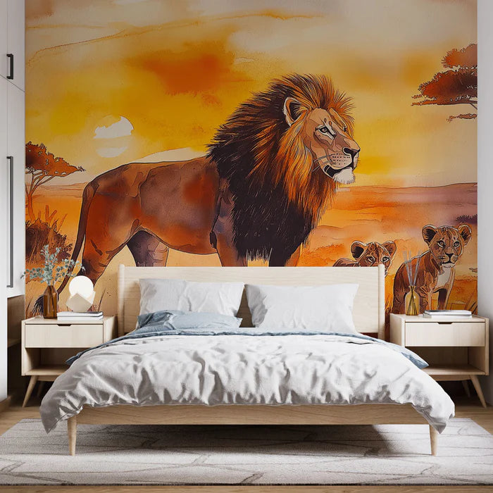 Mural Wallpaper lion | Wild landscape at sunset